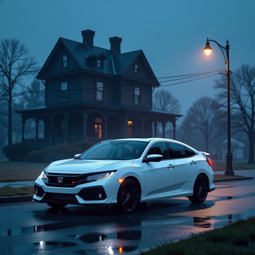 White Honda Civic on Rain-Slicked Street at Night