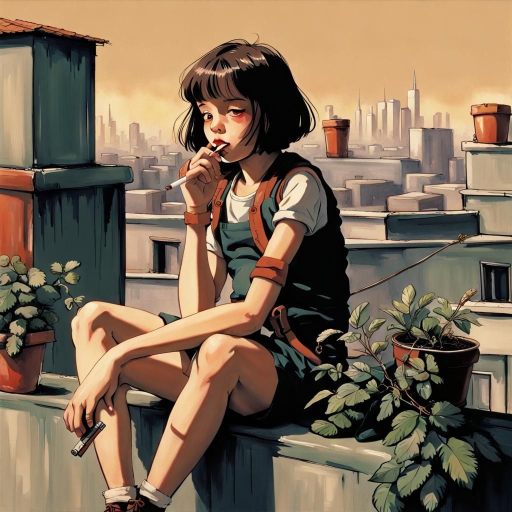 Mathilda from Leon: Rooftop Portrait with Plant