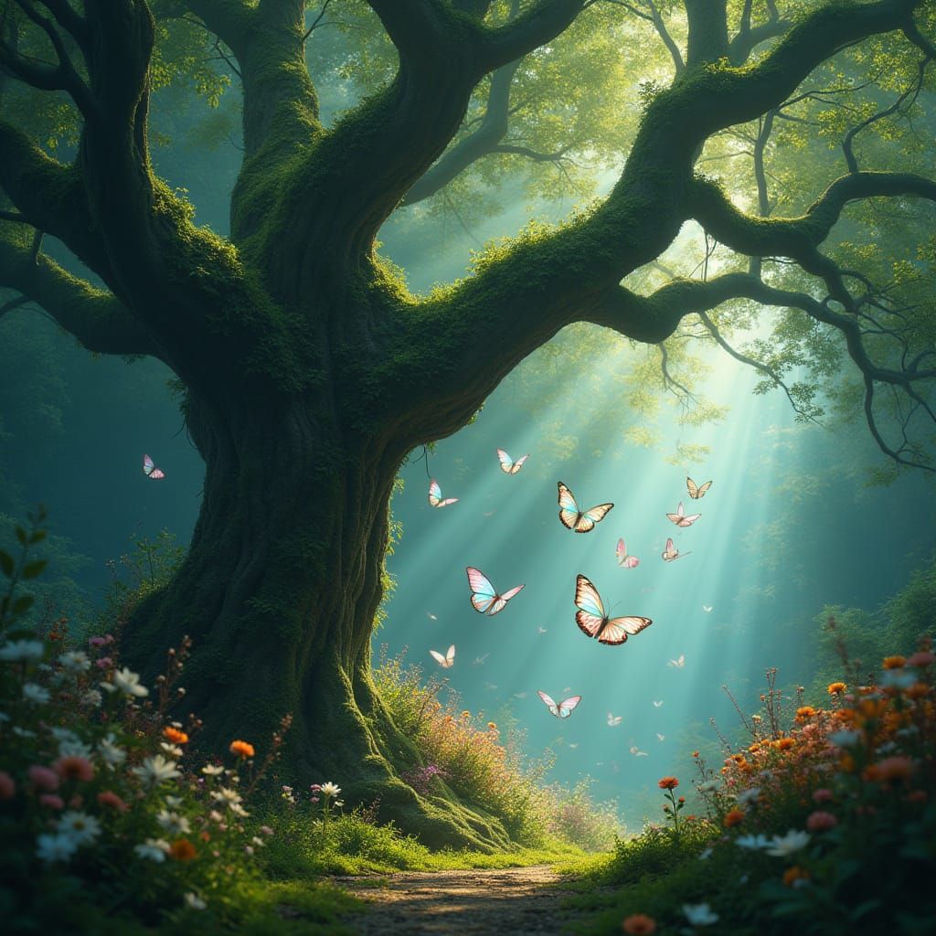Iridescent Butterflies Dance Around Ancient Oak Tree