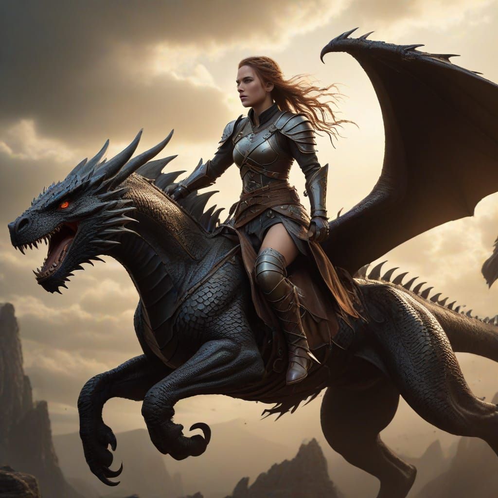 Fantasy Dragon Rider in Dramatic Flight