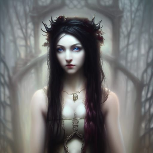 Ethereal Gothic Aries Young lady with Long black hair with Red highlights& Green eyes& Red &black eyeshadow & Black lips...