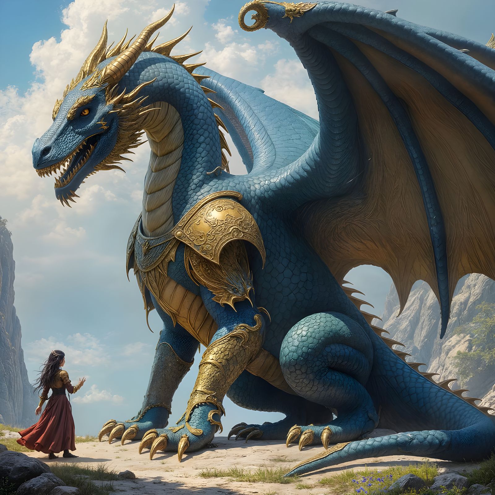 Majestic Blue Dragon with Golden Armor