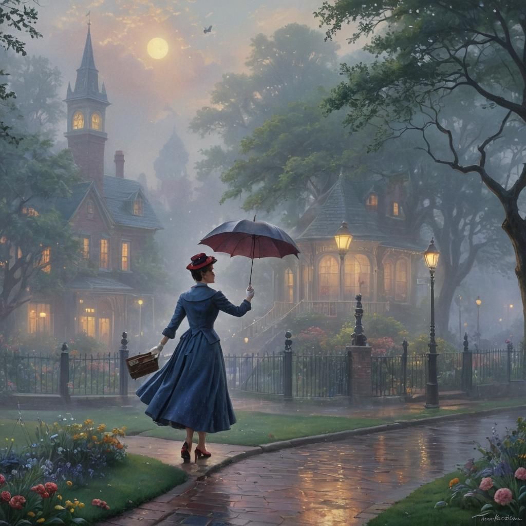 Ethereal Mary Poppins in Hyperdetailed Fantasy Scene