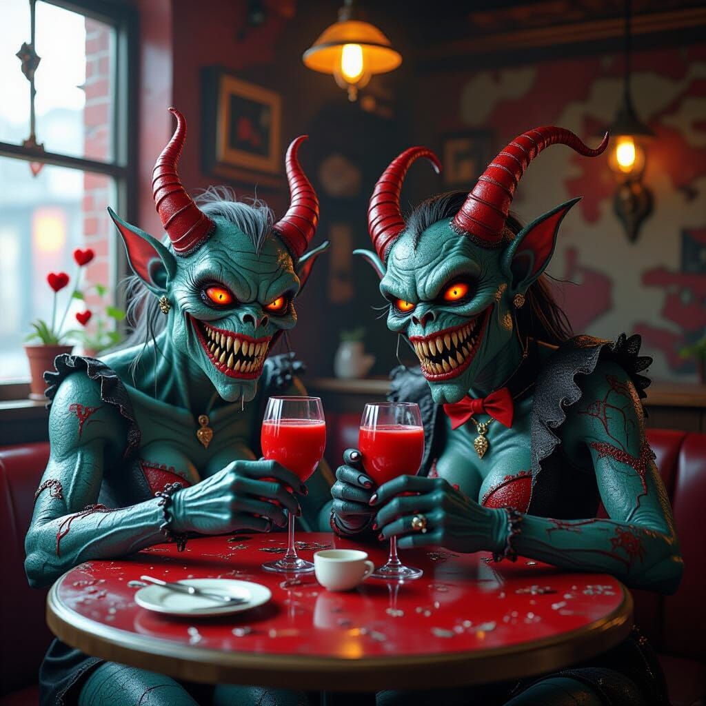 Halloween Monsters Celebrate Valentine's Day in Bloody Cafe