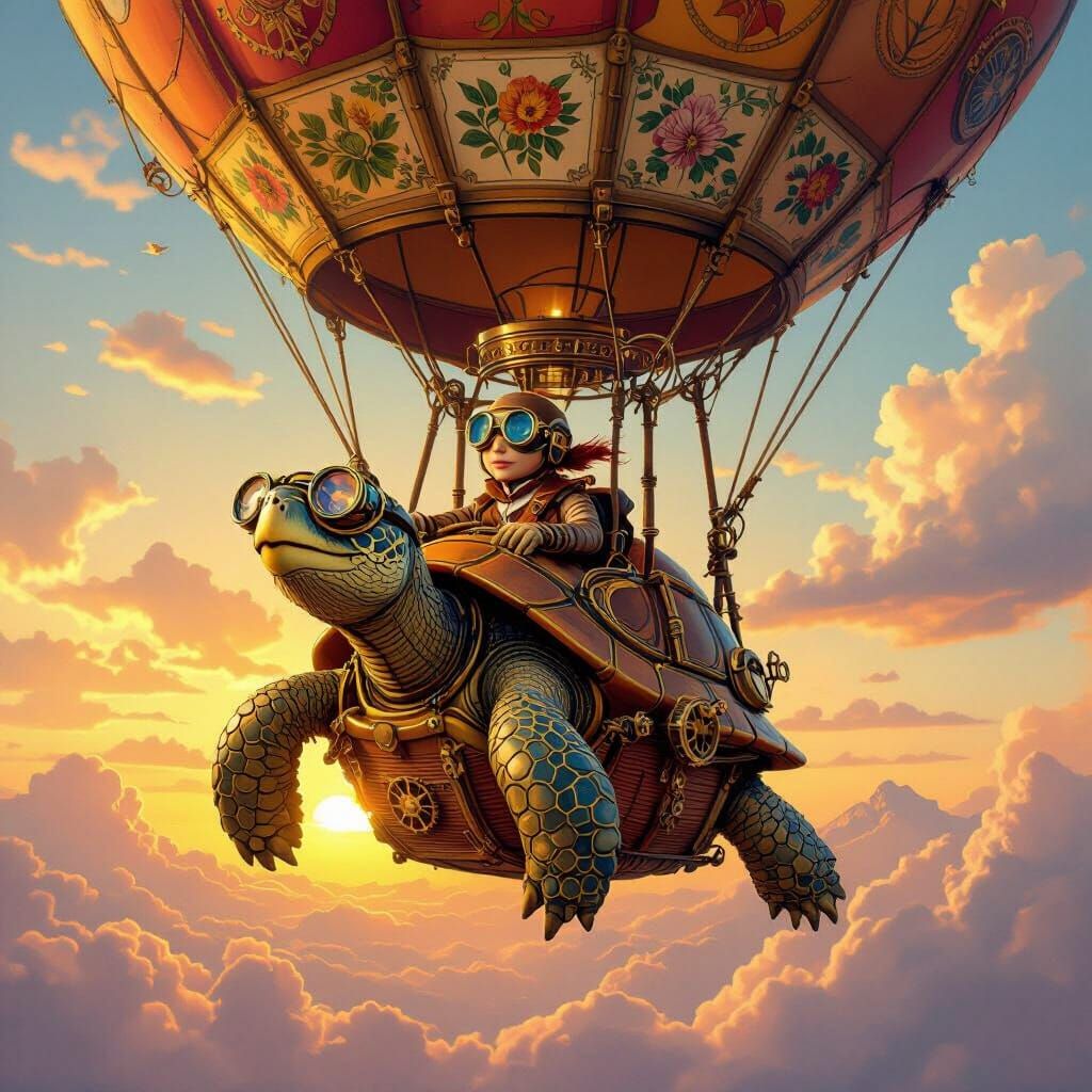 Steampunk Tortoise in Hot Air Balloon at Sunset