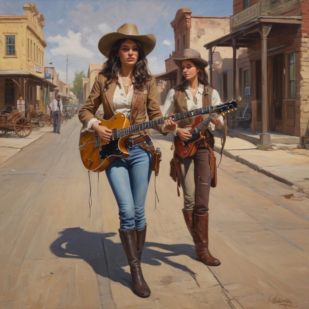 Heroic Sheriff Rides Electric Guitar in Old West Oil Paintin...