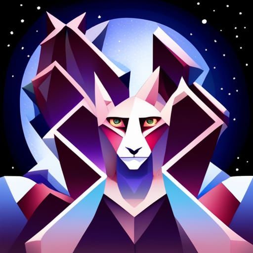 Cubist Sphinx and Pyramids Under Violet Starry Sky