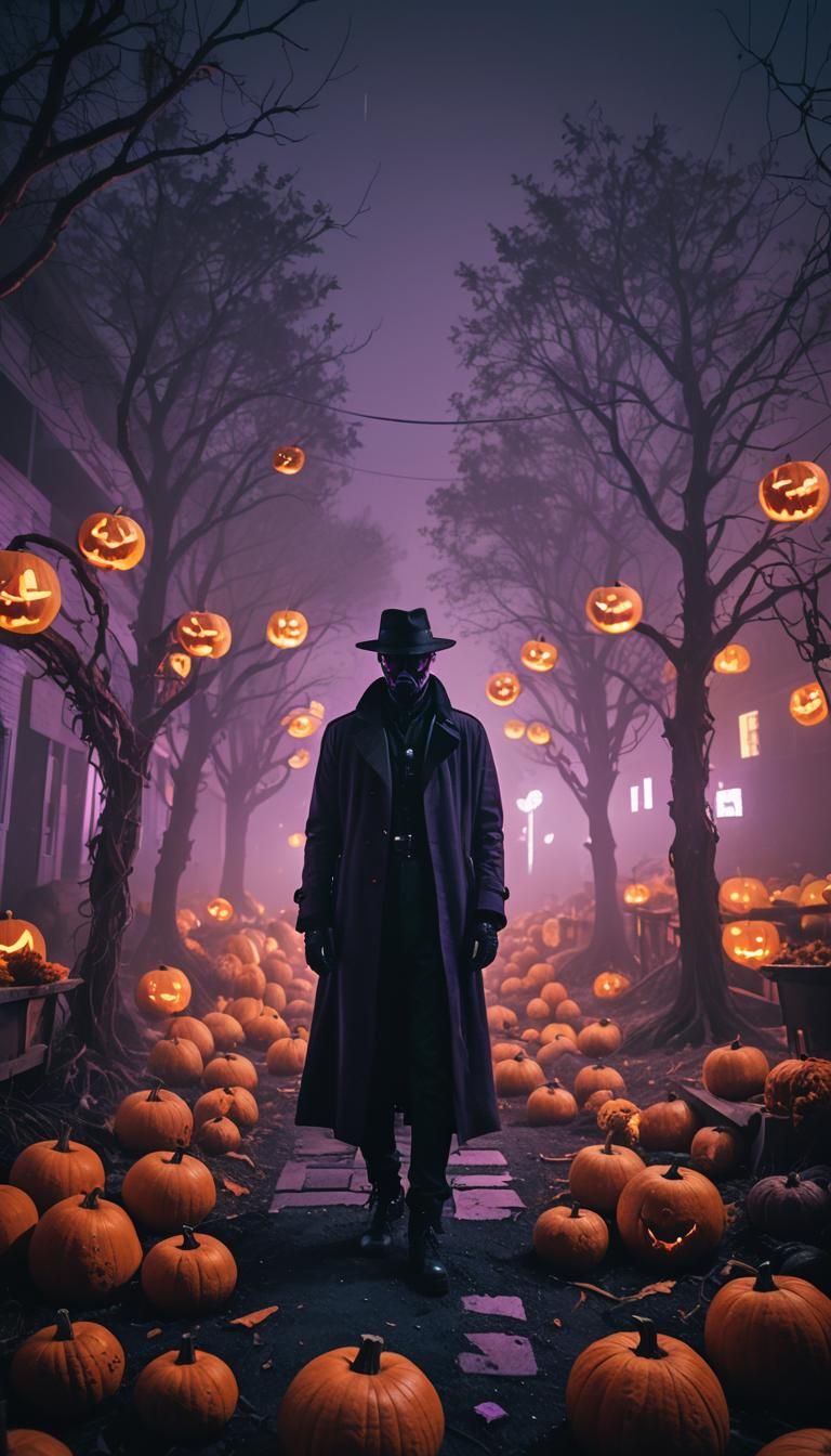Cyberpunk Halloween Figure Among Eerie Pumpkins