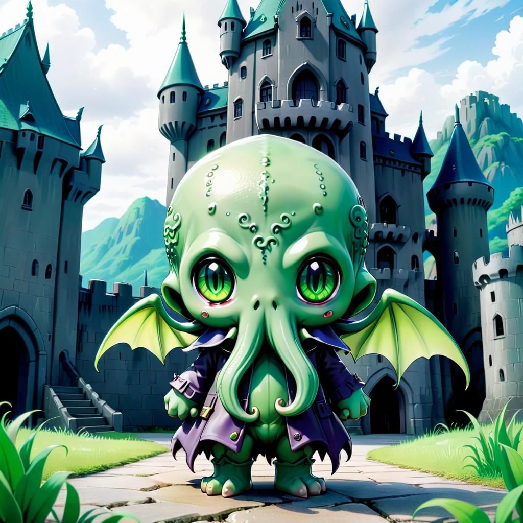 Cute Chibi Cthulhu at Mysterious Ghibli Castle