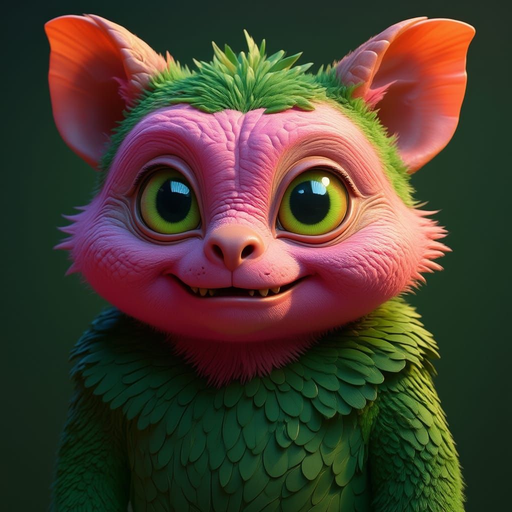 Cute Fluffy Monster with Big Eyes and Fangs