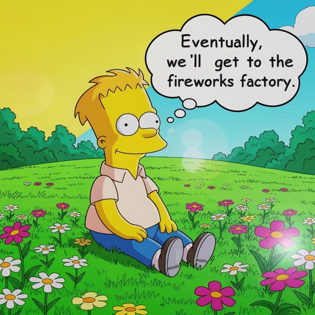 Milhouse, from the Simpsons, sitting in a field, looking stu...