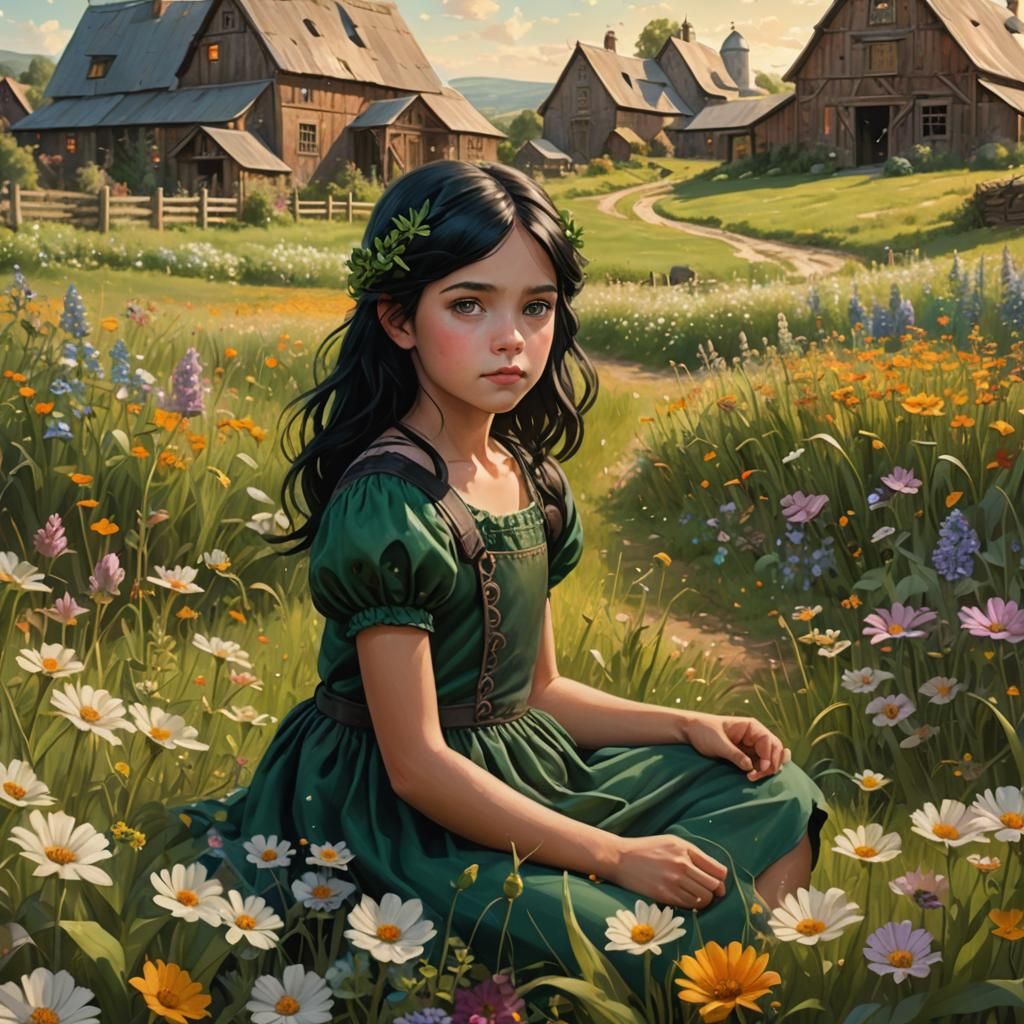 Girl in Flower Field: Whimsical Fantasy Concept Art