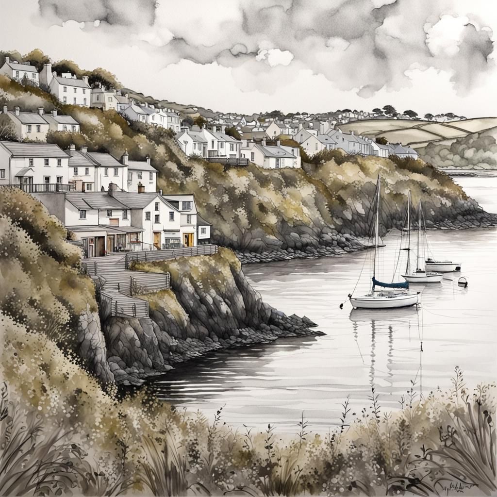 Ink and Watercolour Landscape of Summer Cove, Ireland