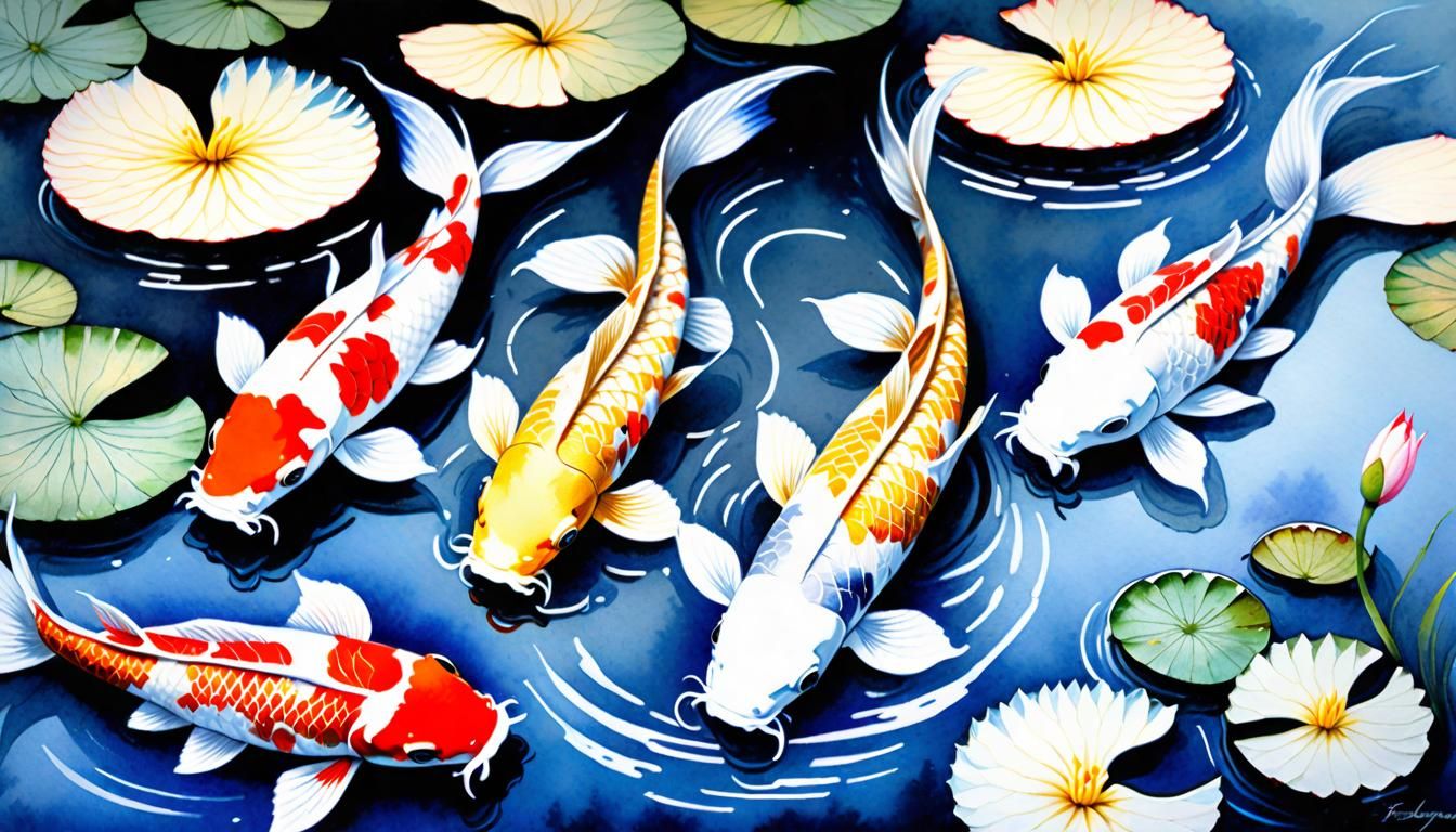 Koi Pond Impressionism: Black, Gold and White Fish