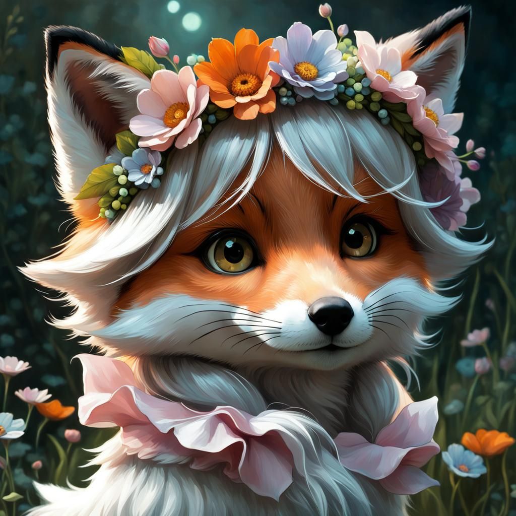 Chibi Fox Portrait with Flower Crown