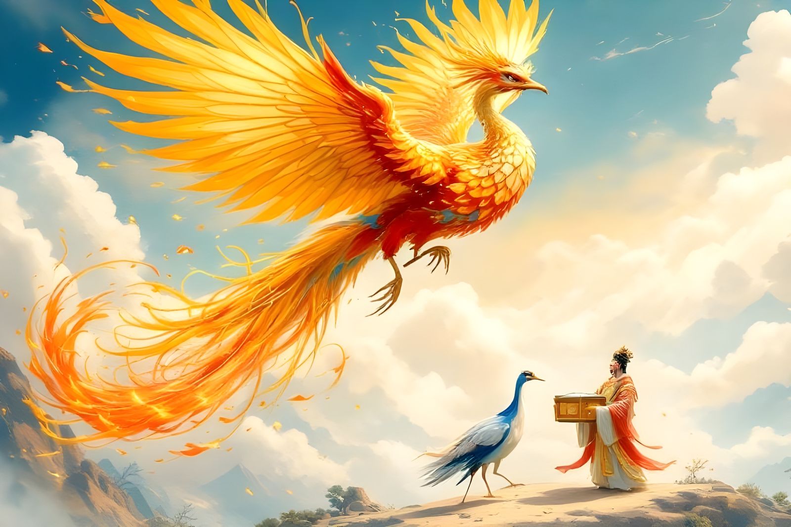 Majestic Fenghuang Soars Above Emperor and Wealthy Man