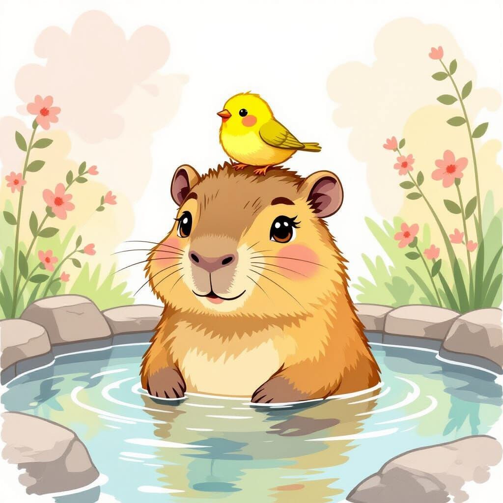Cartoon Capybara in Hot Spring with Bird