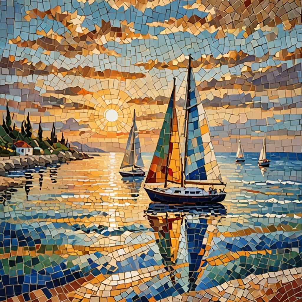 Mosaic Sailboats at Sunrise in Impressionist Style
