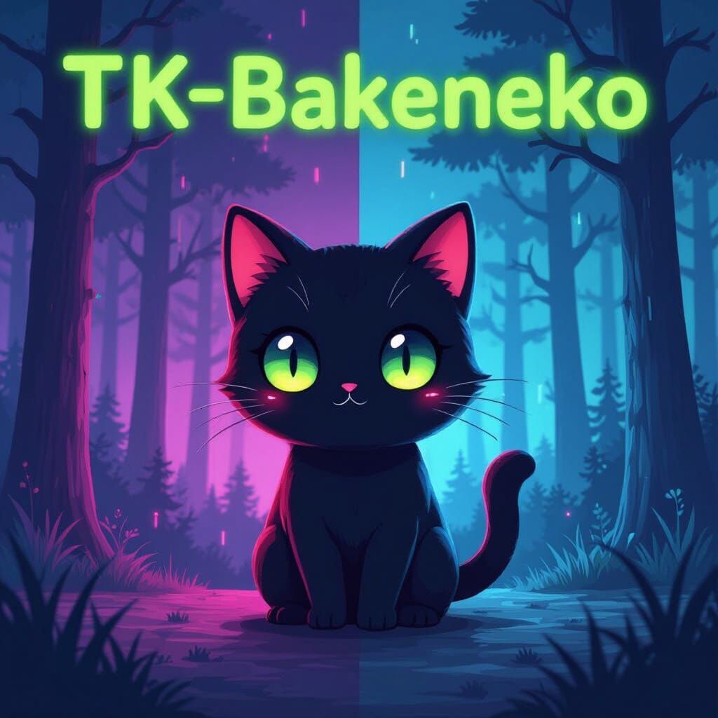 Chibi Cat in Synthwave Neon Split Screen Art