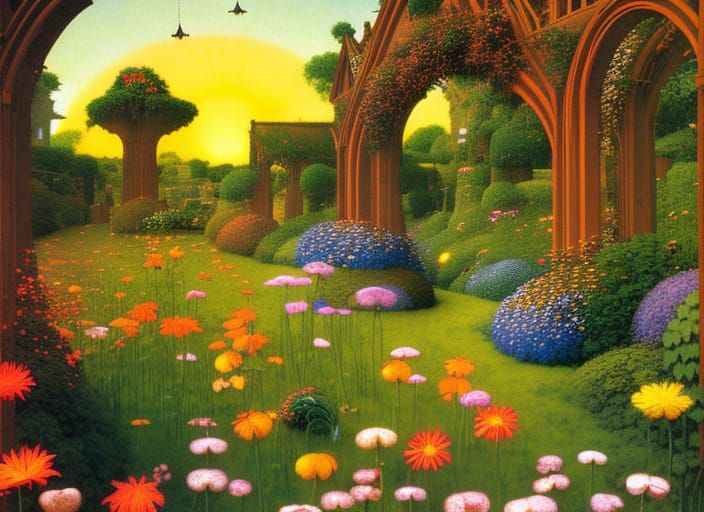 Sunrise Garden: Wildflowers in Psychedelic Art Nouveau