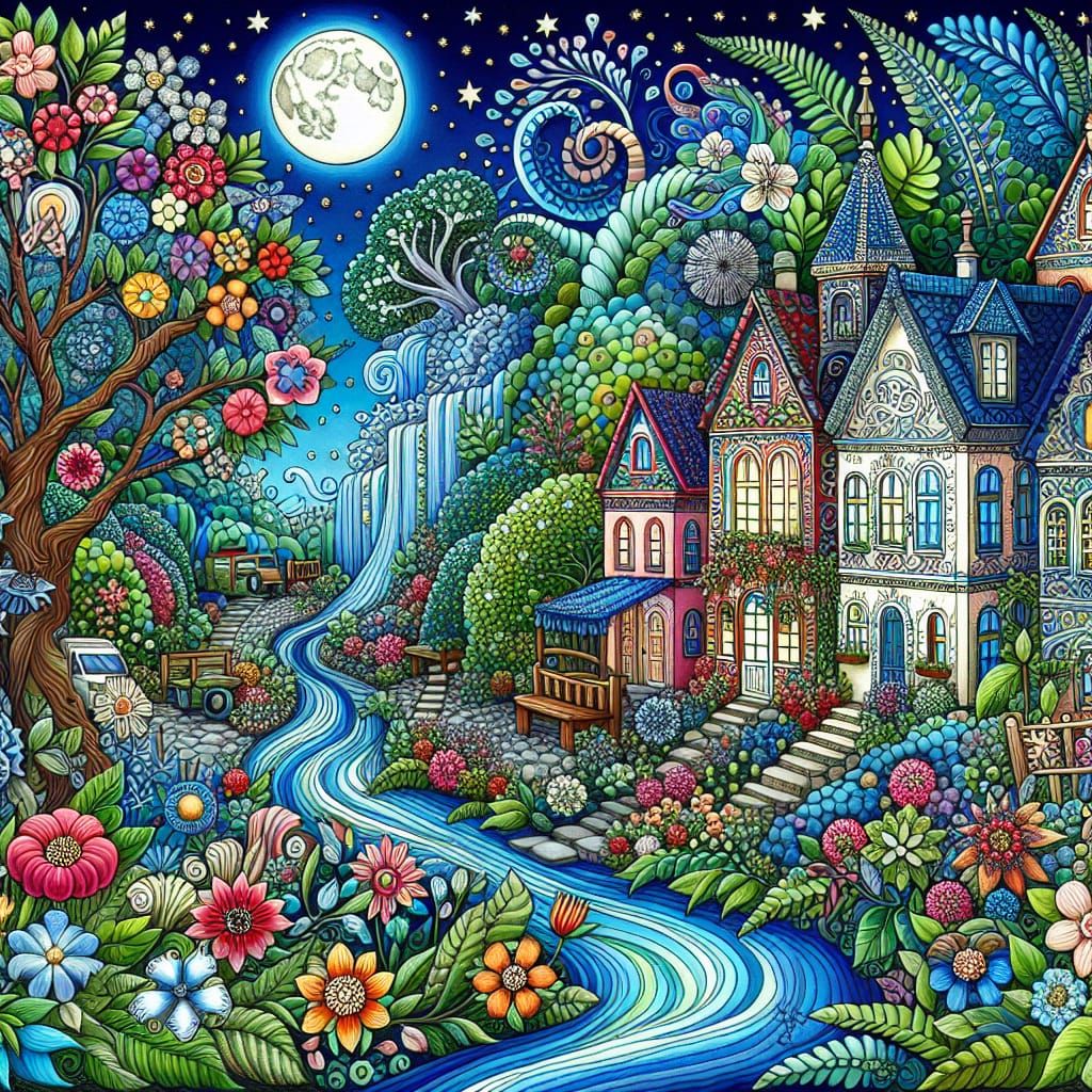 Moonlit Village in Naive Zentangle Art Style