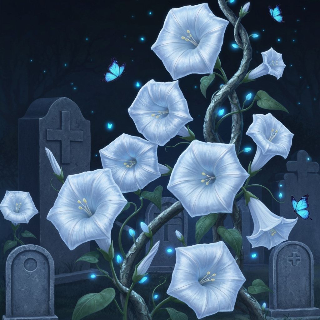 Shimmering Moonflowers Bloom on Gravestones with Bioluminesc...