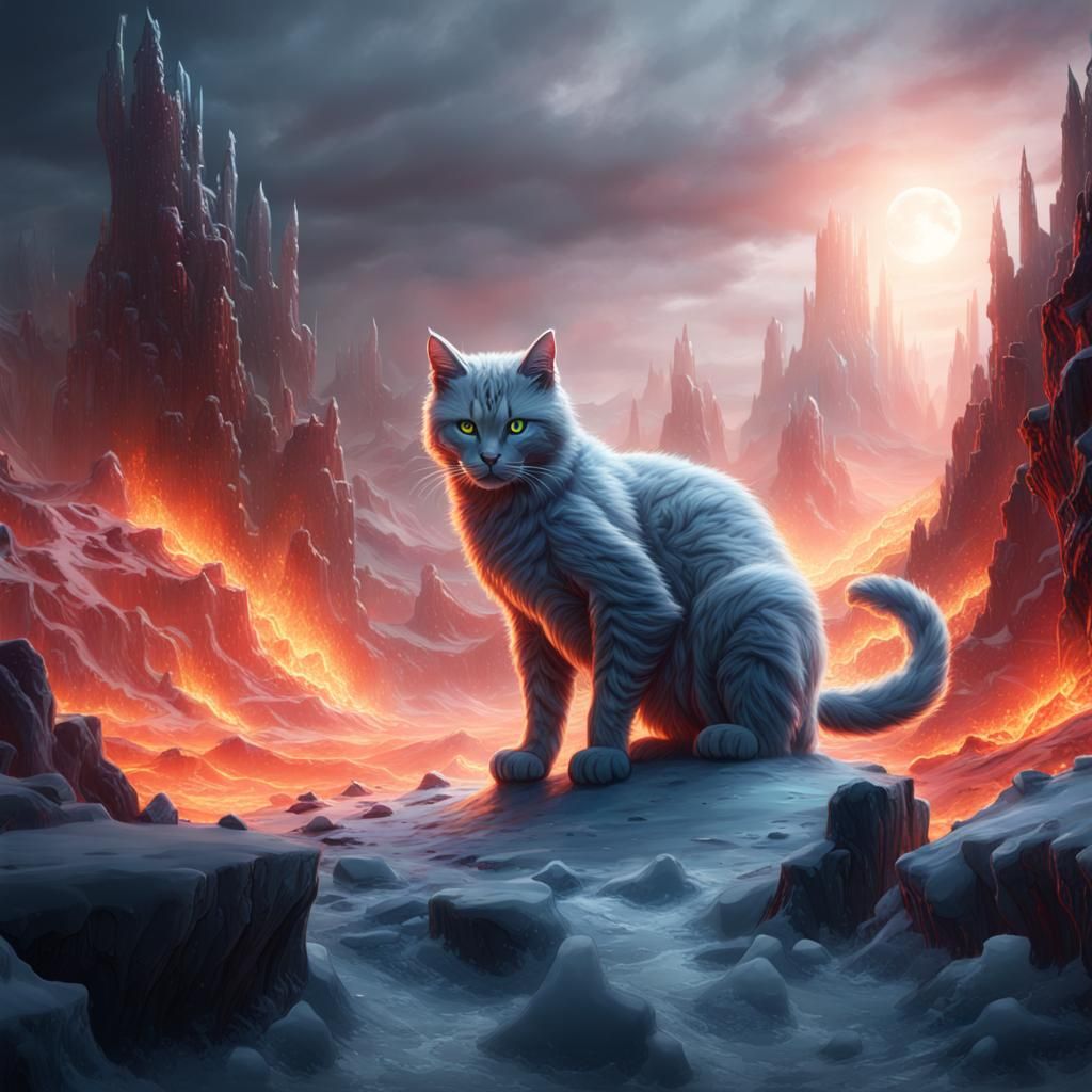 Icy Feline in Infernal Landscape: Detailed Matte Painting