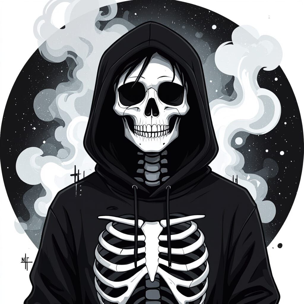 Monochrome Portrait of Character in Skeleton Hoodie