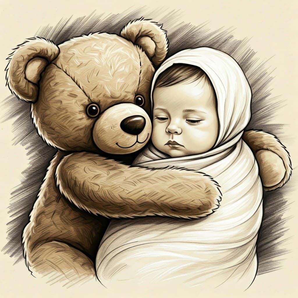 Teddy Bear's Gentle Embrace: Charcoal Art