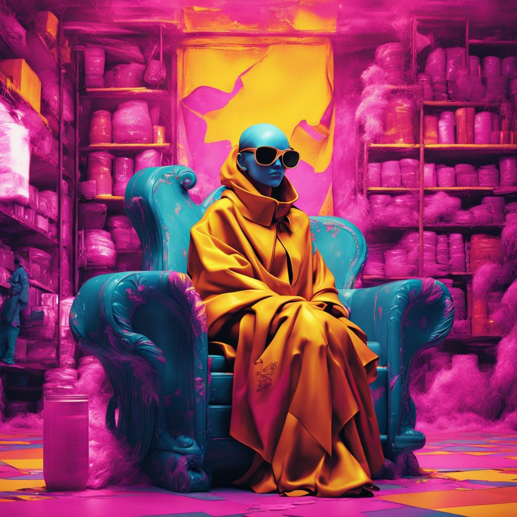 Dystopian Pop-Art: Androgynous Figure on Plastic Throne