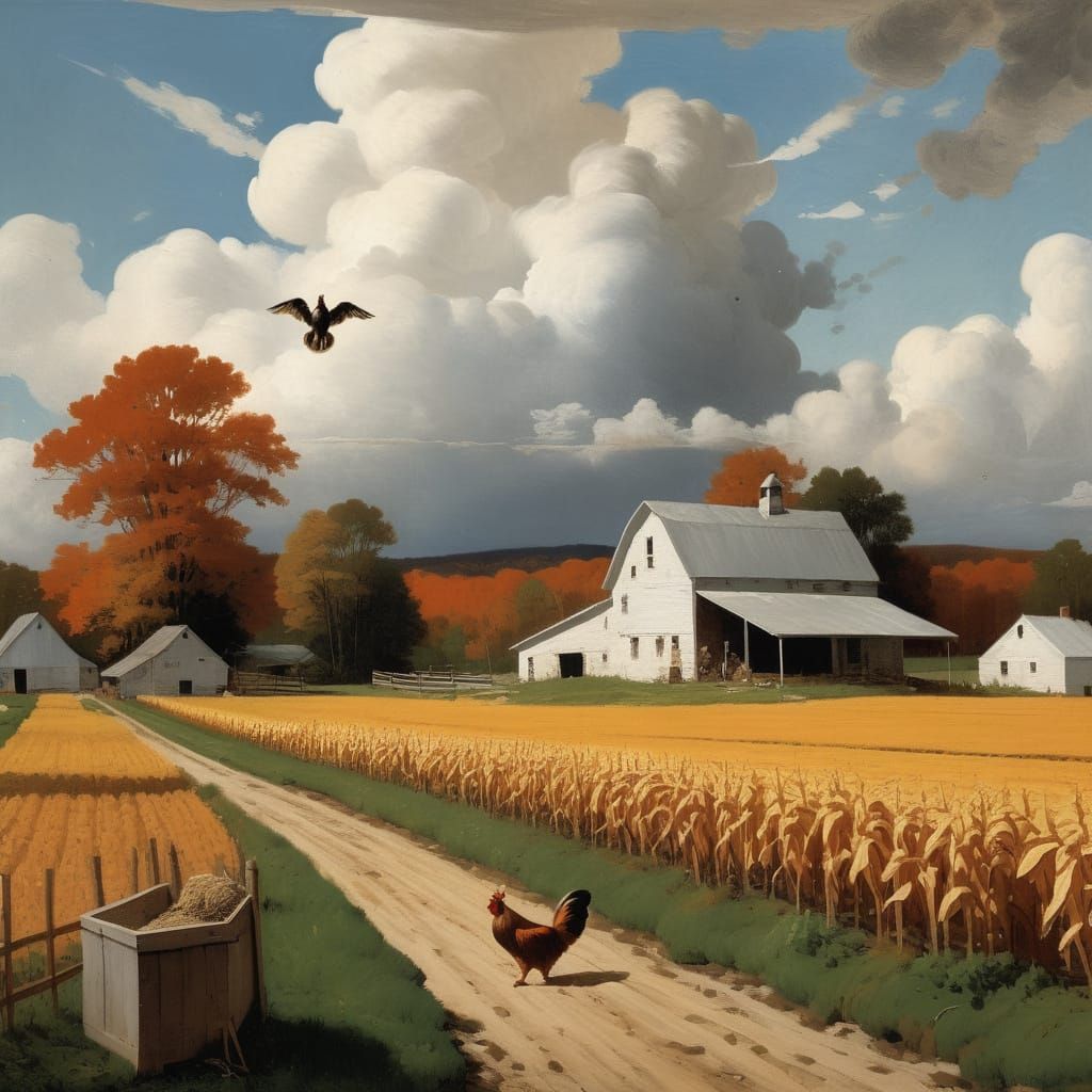 Rural Farm Scene Painting with Chicken and Fox
