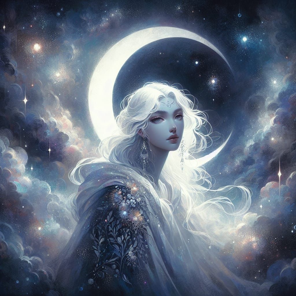 Goddess Selene Under Crescent Moon: Matte Painting