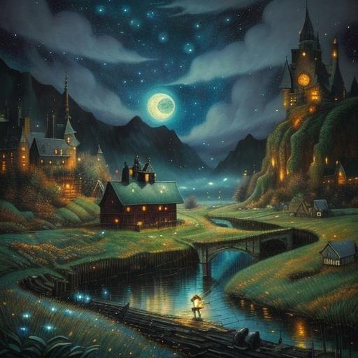 Mystical Moonlit Scene in Patchwork Acrylics