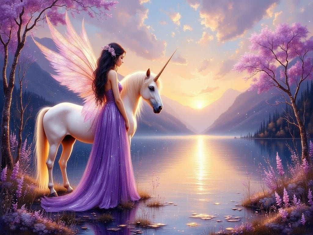 Fairy with Unicorn in Magical Landscape