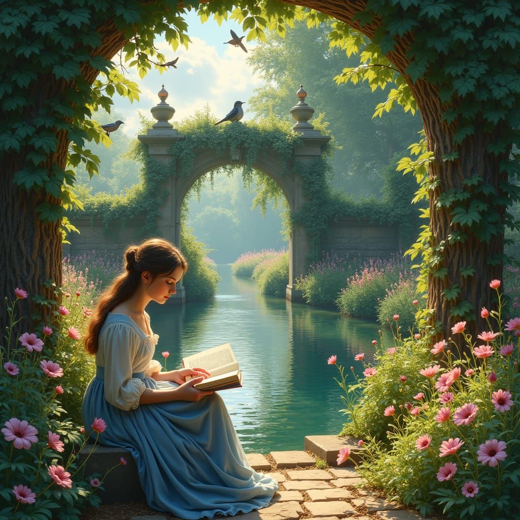 Woman Reading in a Lush Pre-Raphaelite Garden