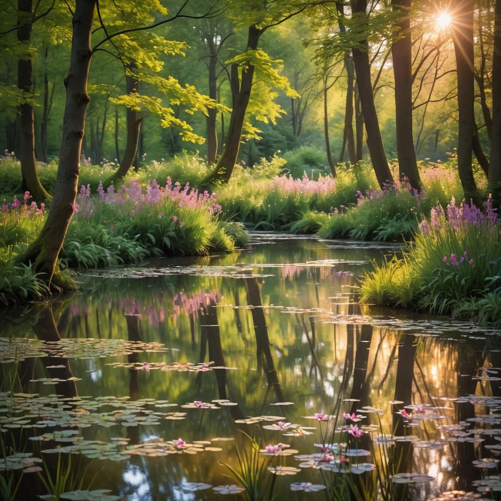Impressionist Forest Sunset with Pond and Fish