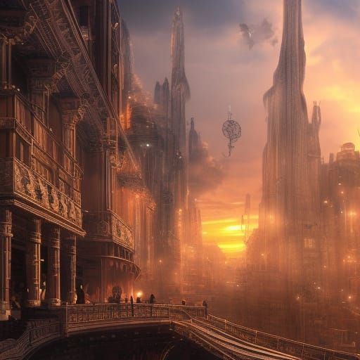 Epic Steampunk City at Sunset in 4K