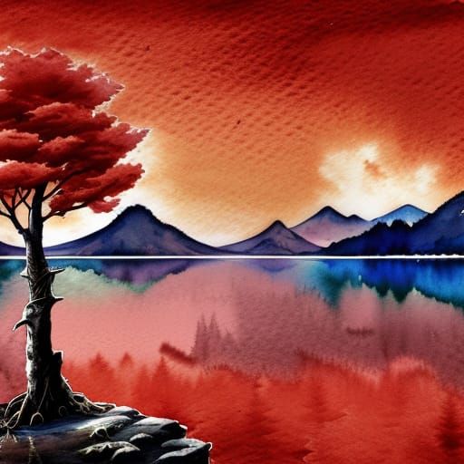 Glowing Red Tree in Lake Watercolor