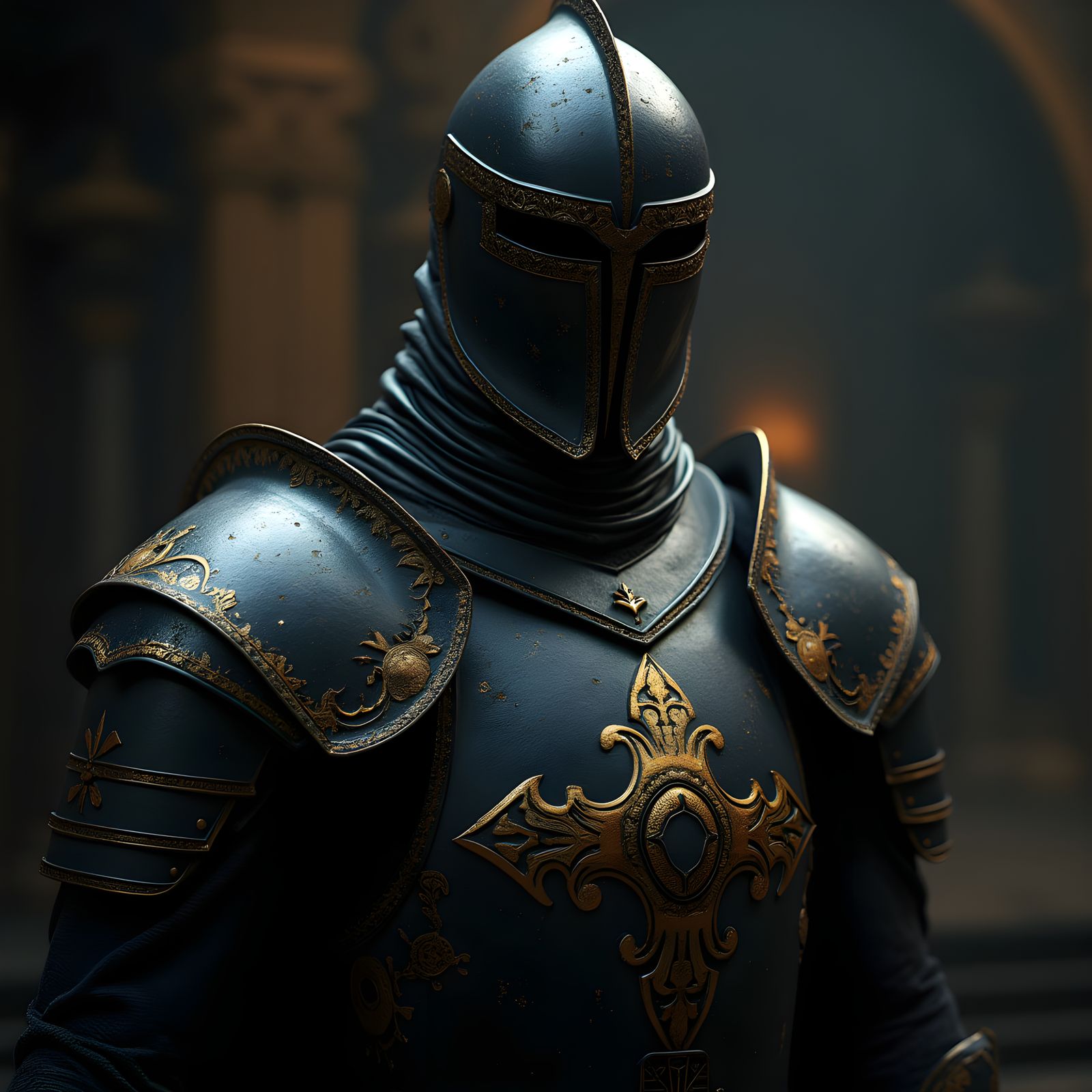 Knight in Obsidian and Gold Armor, Cinematic Still