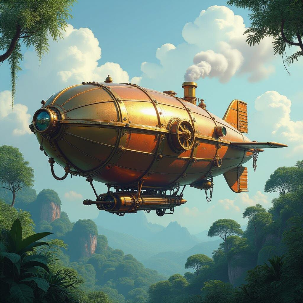 Steampunk Airship Above Alien Jungle in Surreal Style