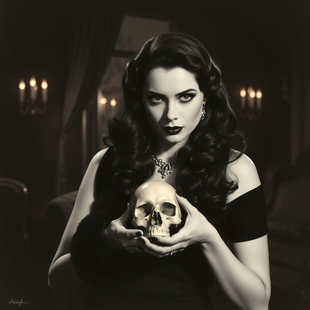 Stunning Old Hollywood Actress Posing with Ornate Skull
