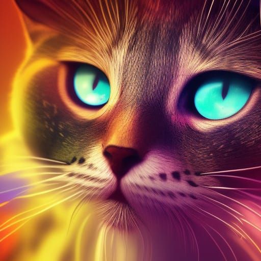 Colorful Cat Head Floating in Space: Digital Art