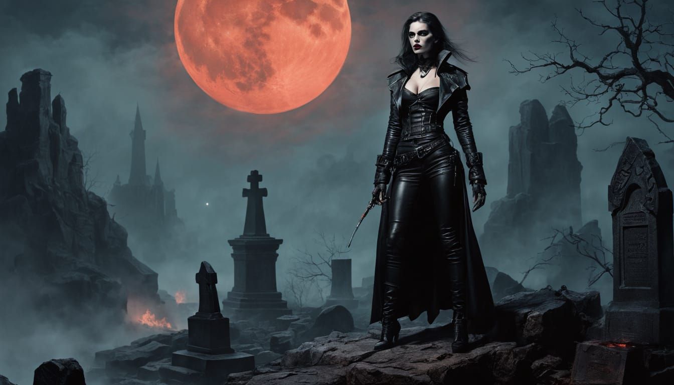 Female Vampire Overlooking Graveyard in Dark Fantasy Art