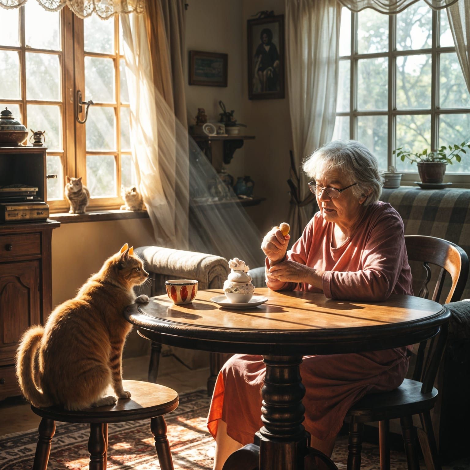 Grandma's Vintage Moment with Ice Cream and Cat