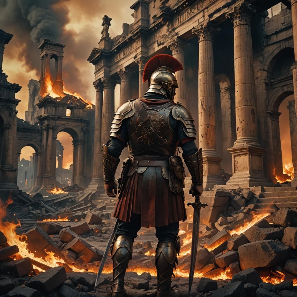 Roman Soldier in Burning Ruins: Dark Fantasy Art