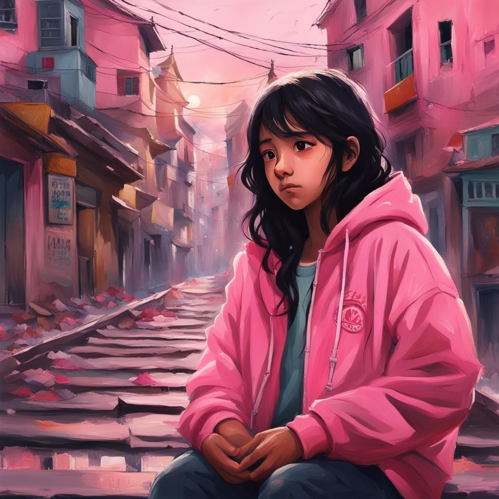 Anime Girl in Pink City: Cyberpunk Pop Art