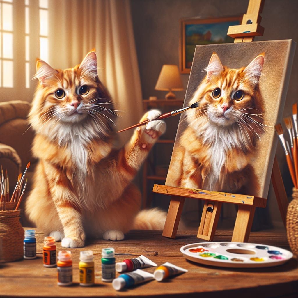 Whimsical Cat Self-Portrait in Cozy Art Studio