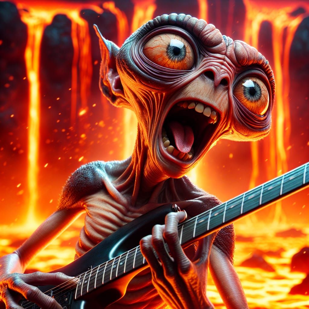 Alien Guitarist in Molten Lava Landscape