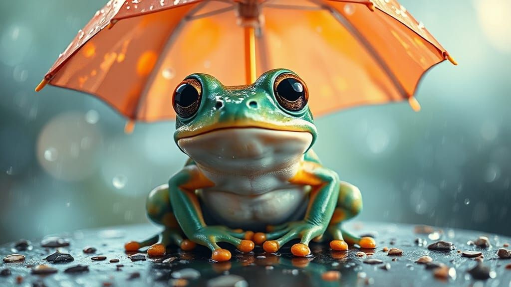 Whimsical Frog Under Vibrant Umbrella in Dreamy, 8K Art