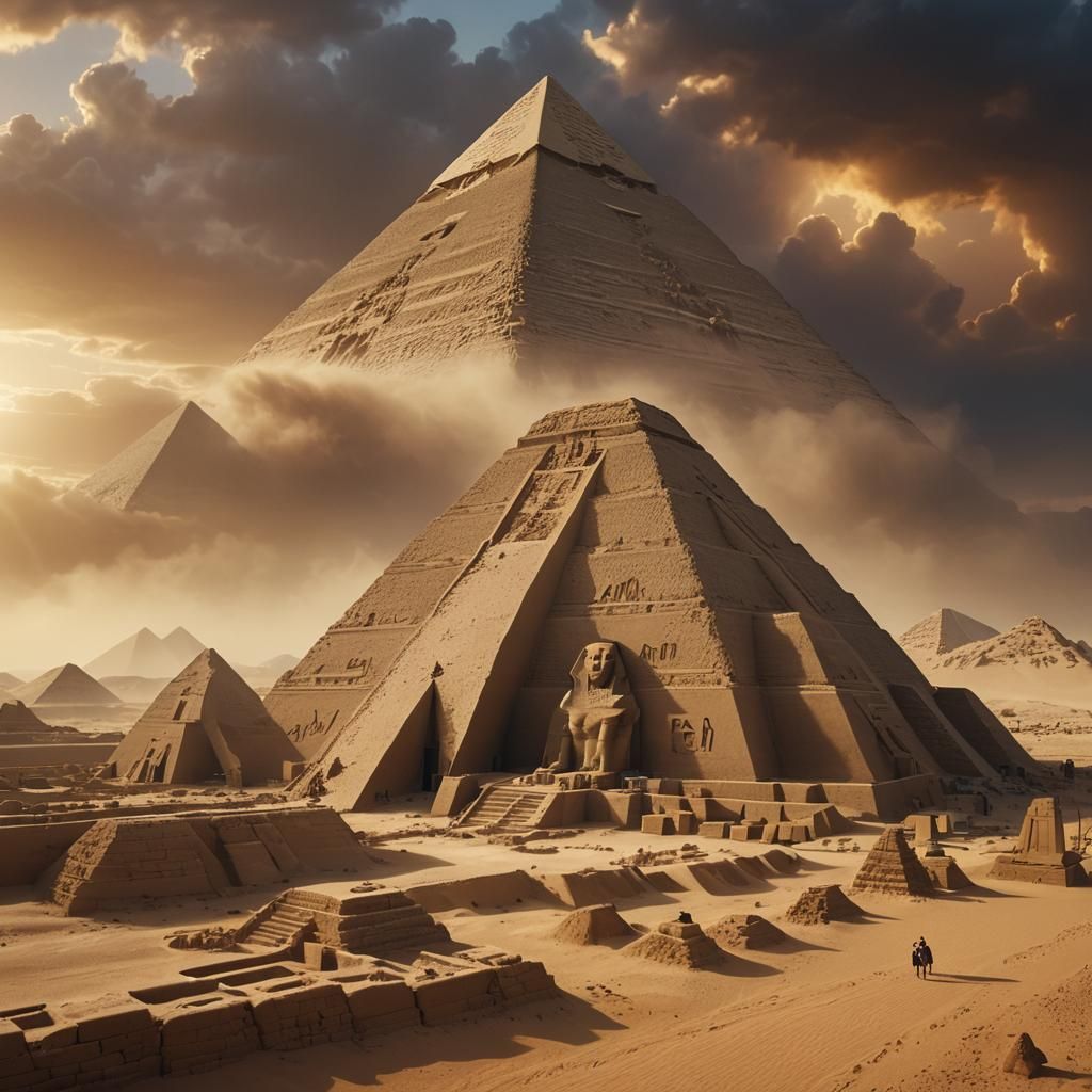 Egyptian Pyramids and Sphinxes at Sunset